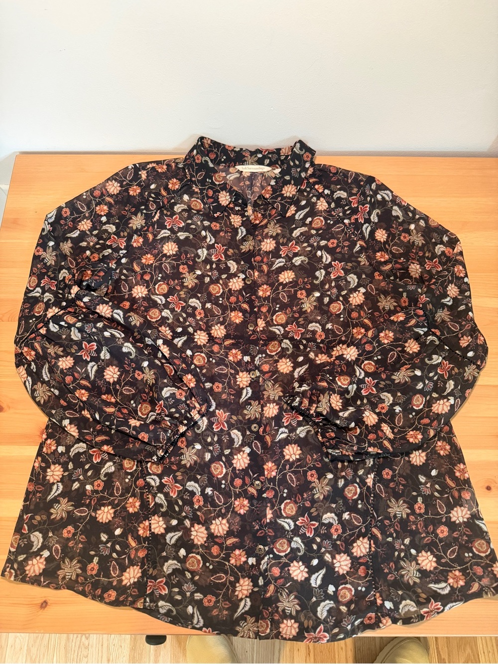 Soft Surroundings Sheer Floral Button Down Blouse Boho Bishop Sleeve M
